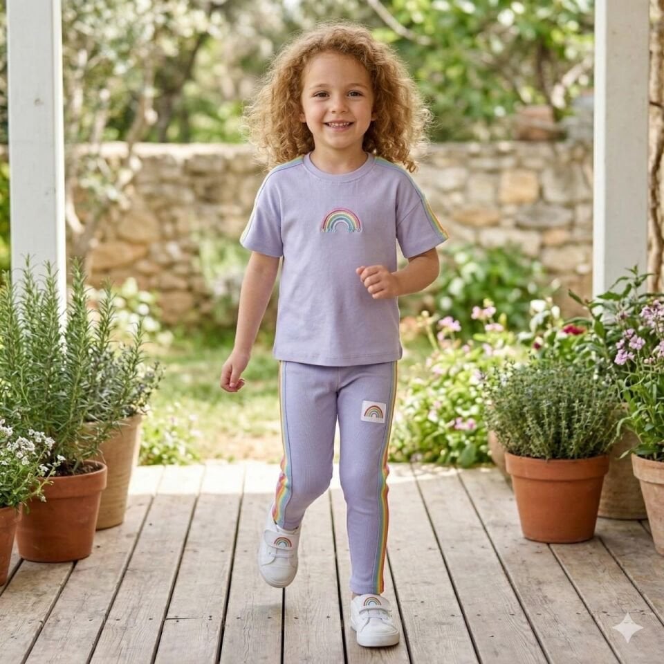 Gökkuşağı Desenli Kaşkorse Takım Lila