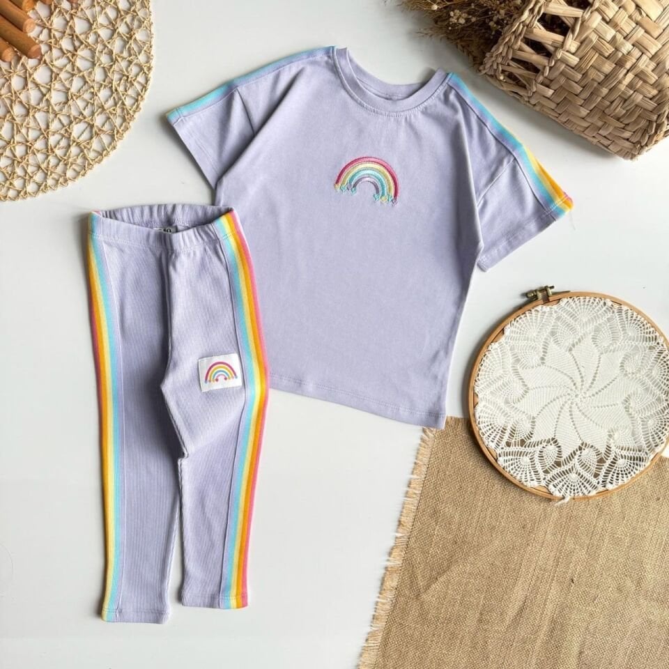 Gökkuşağı Desenli Kaşkorse Takım Lila