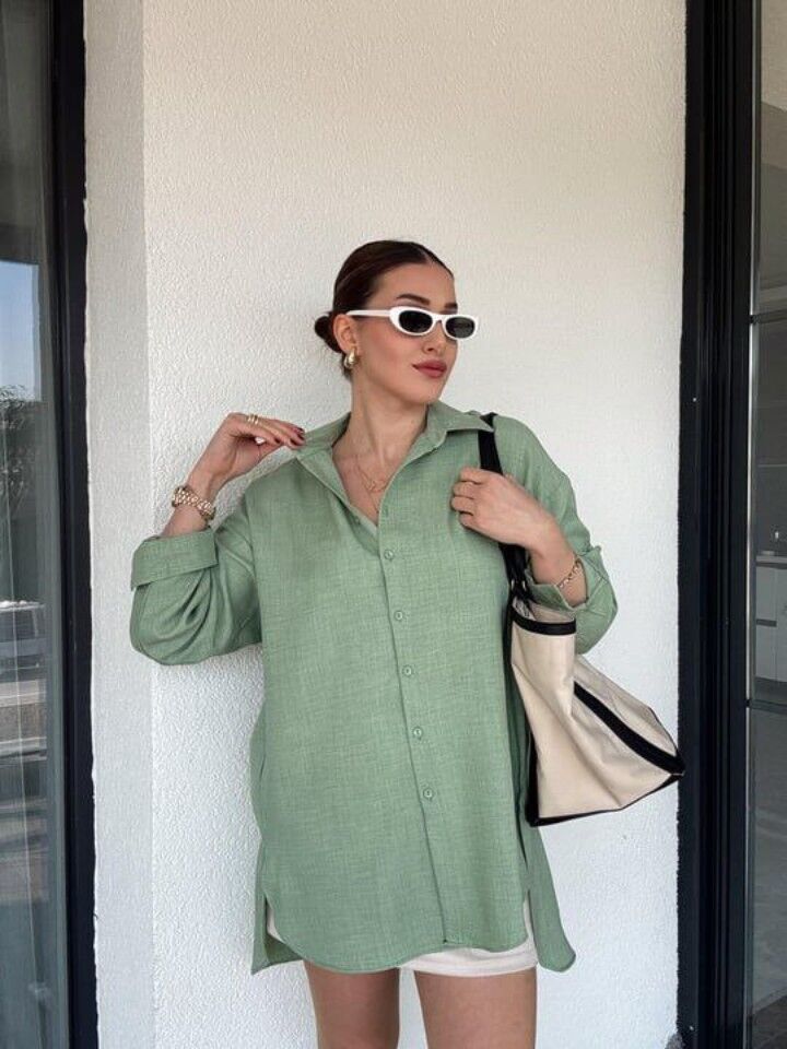 Arka Çift Pens Oversize Keten Gömlek