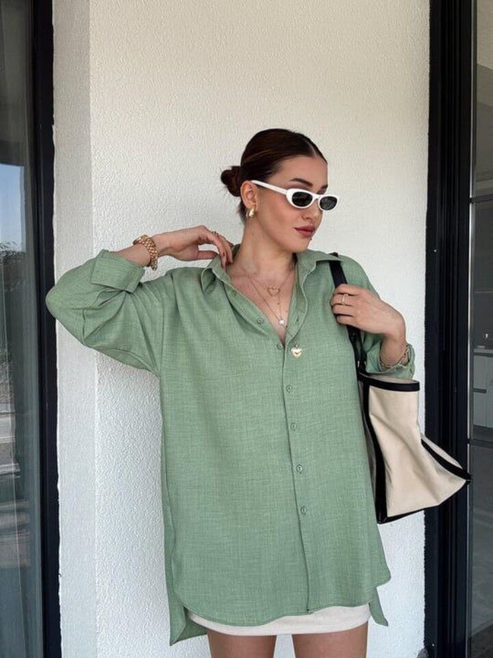 Arka Çift Pens Oversize Keten Gömlek