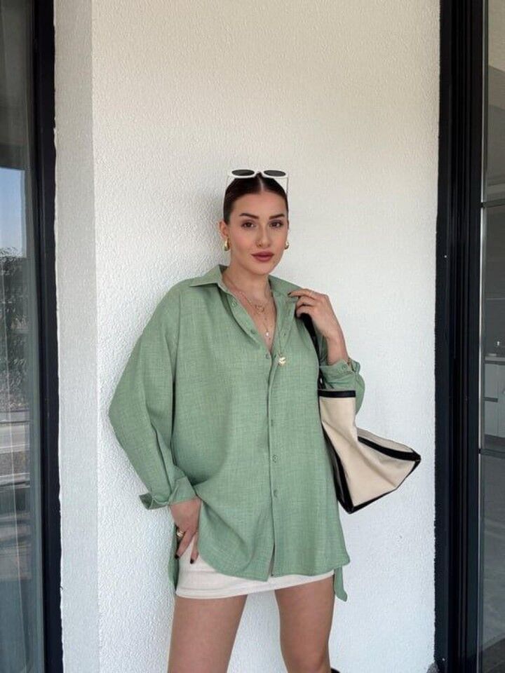 Arka Çift Pens Oversize Keten Gömlek