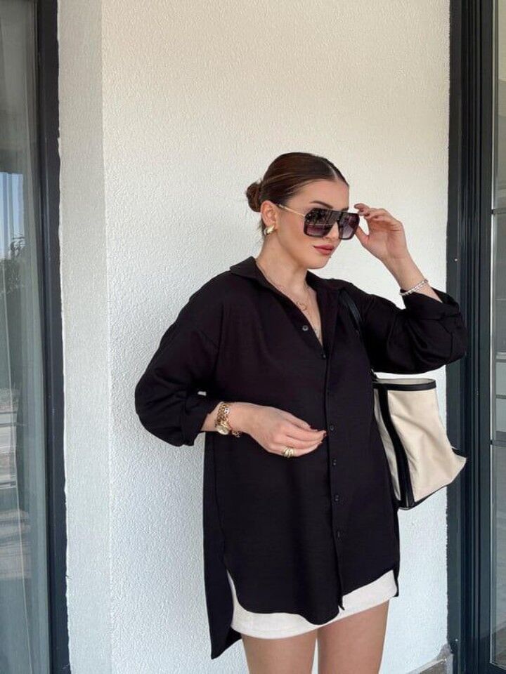 Arka Çift Pens Oversize Keten Gömlek