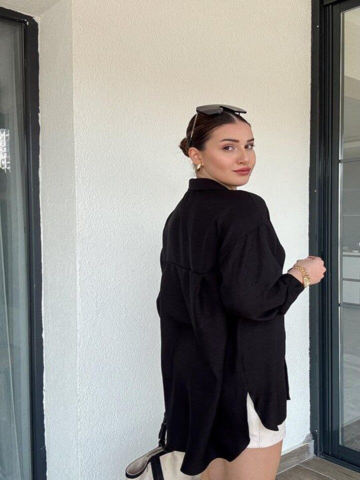 Arka Çift Pens Oversize Keten Gömlek