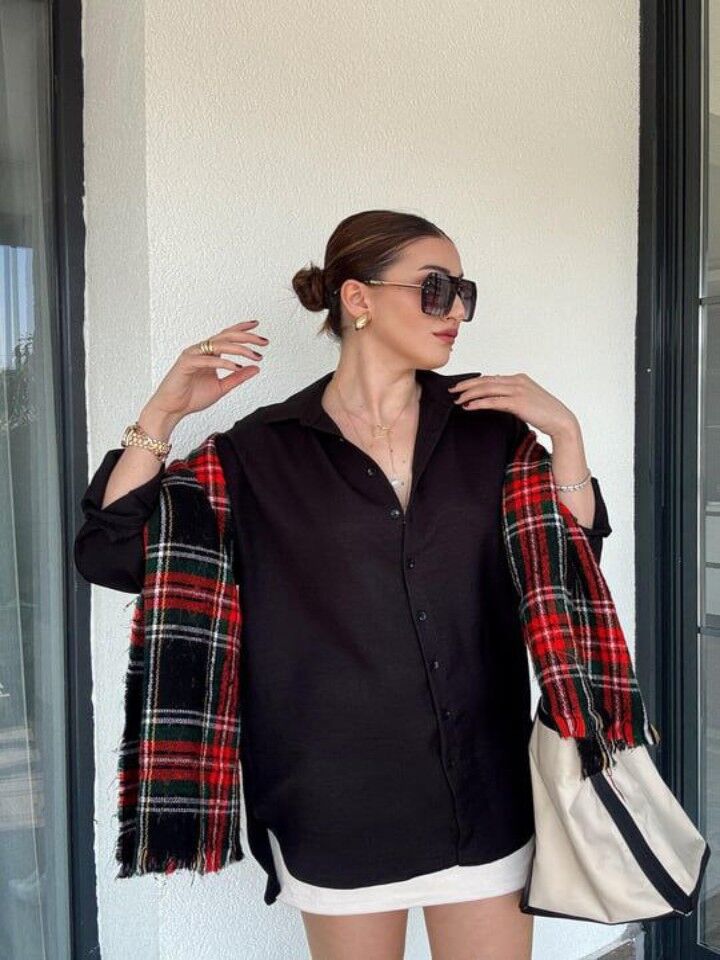 Arka Çift Pens Oversize Keten Gömlek