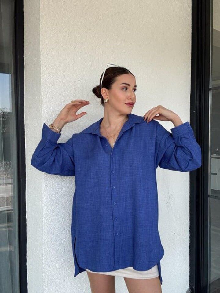 Arka Çift Pens Oversize Keten Gömlek