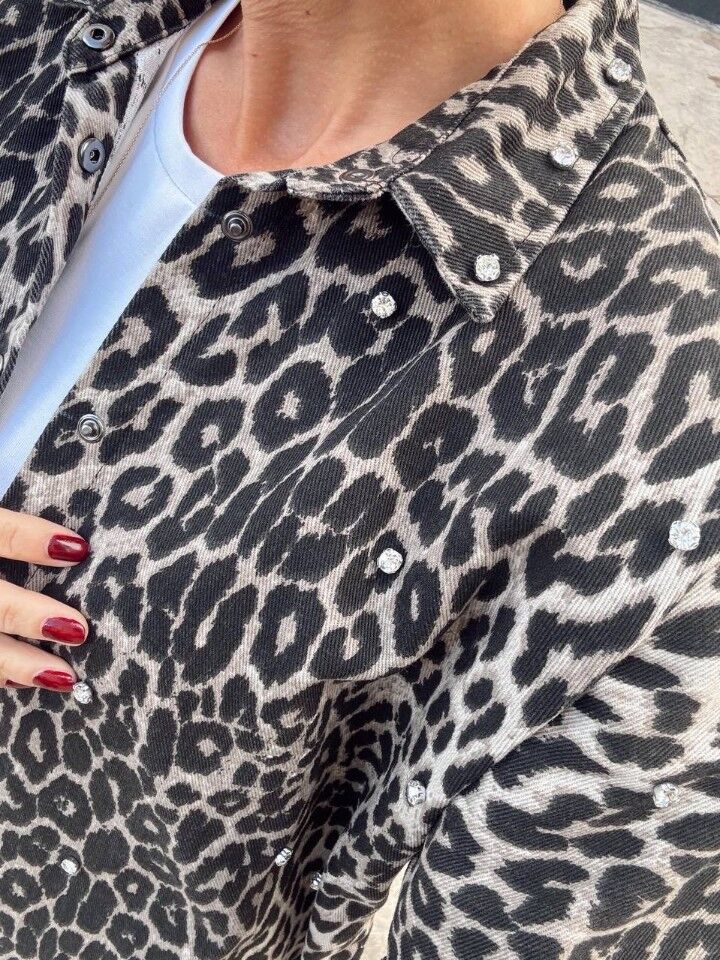 Leopar Taşlı Denim Ceket Gömlek