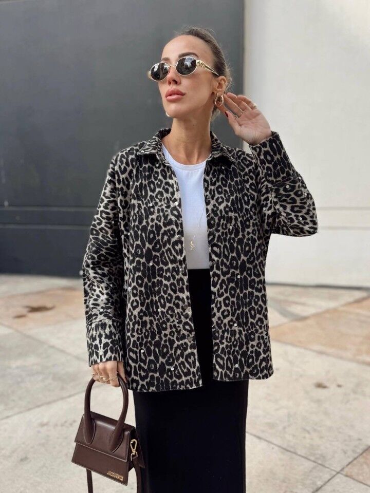 Leopar Taşlı Denim Ceket Gömlek