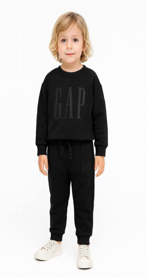 Siyah Üç İplik Pamuklu Yazı Baskılı Takım