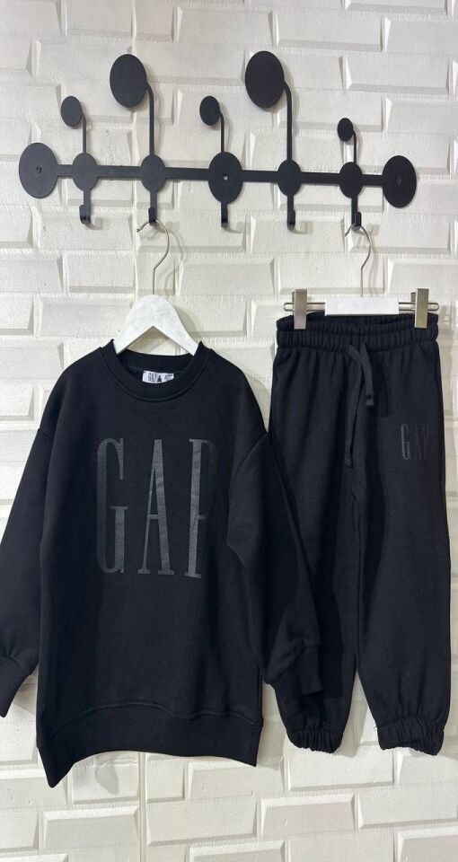 Siyah Üç İplik Pamuklu Yazı Baskılı Takım