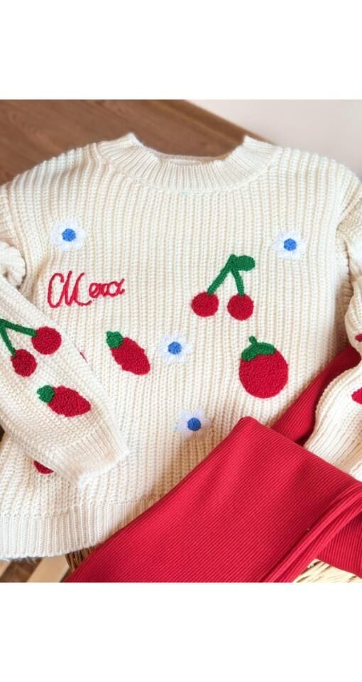 Merci Yazılı Meyve Nakış Triko Takım