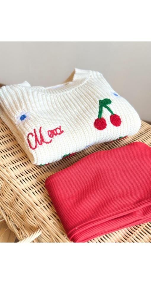 Merci Yazılı Meyve Nakış Triko Takım