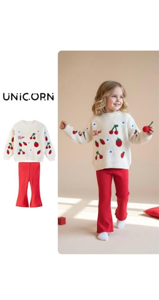 Merci Yazılı Meyve Nakış Triko Takım